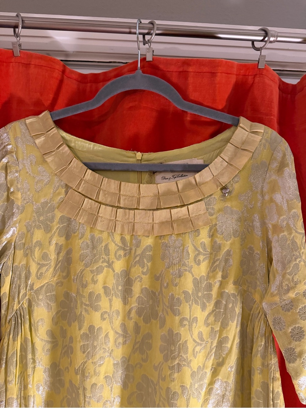 Beautiful Lollipops Paris Yellow Brocade Midi Dress with Pleated Collar